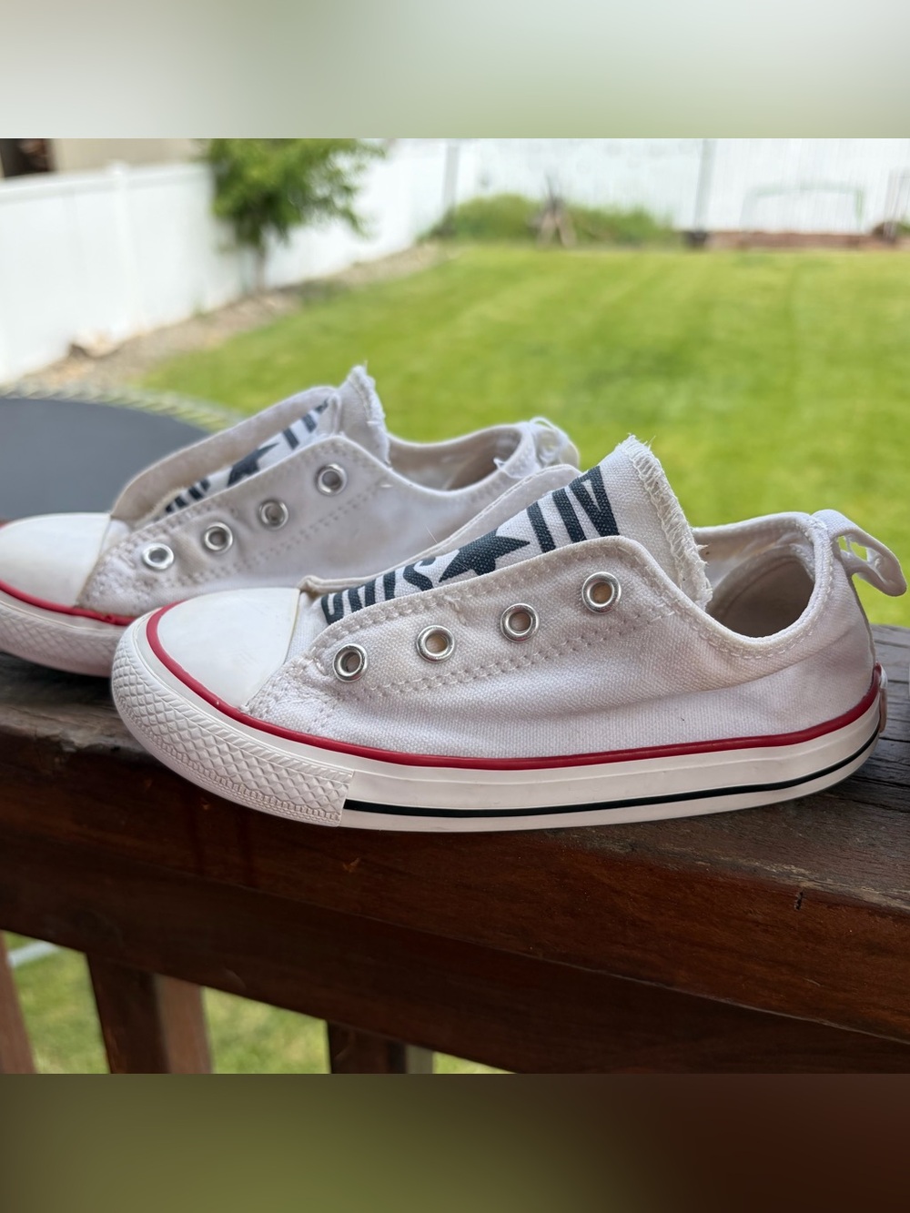 Kids White Canvas Slip-On Sneakers with Red Accent